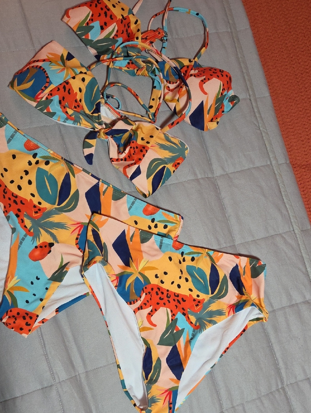 Tropical Leopard Print Bikini Set in Orange, Teal & Yellow